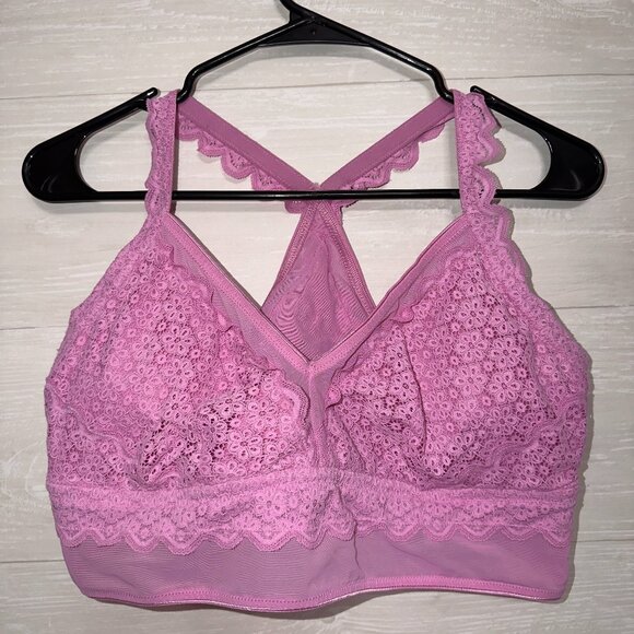 Aerie XL Pink Lace Bralette Wireless Eyelash Trim Racerback Soft Stretch - Picture 2 of 5